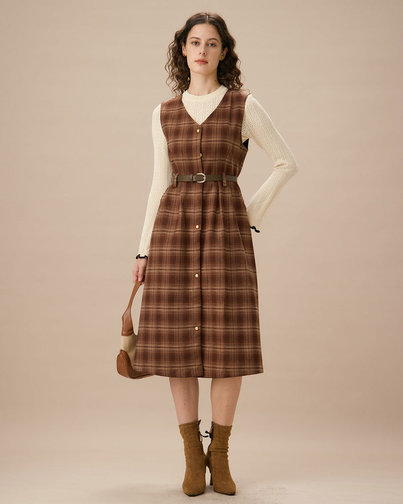 Coffee V Neck Sleeveless Plaid Midi Dress