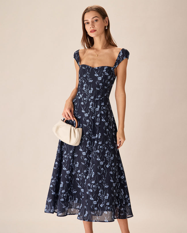 Rihoas Floral Sweetheart Neck Midi Dress for Women Navy M