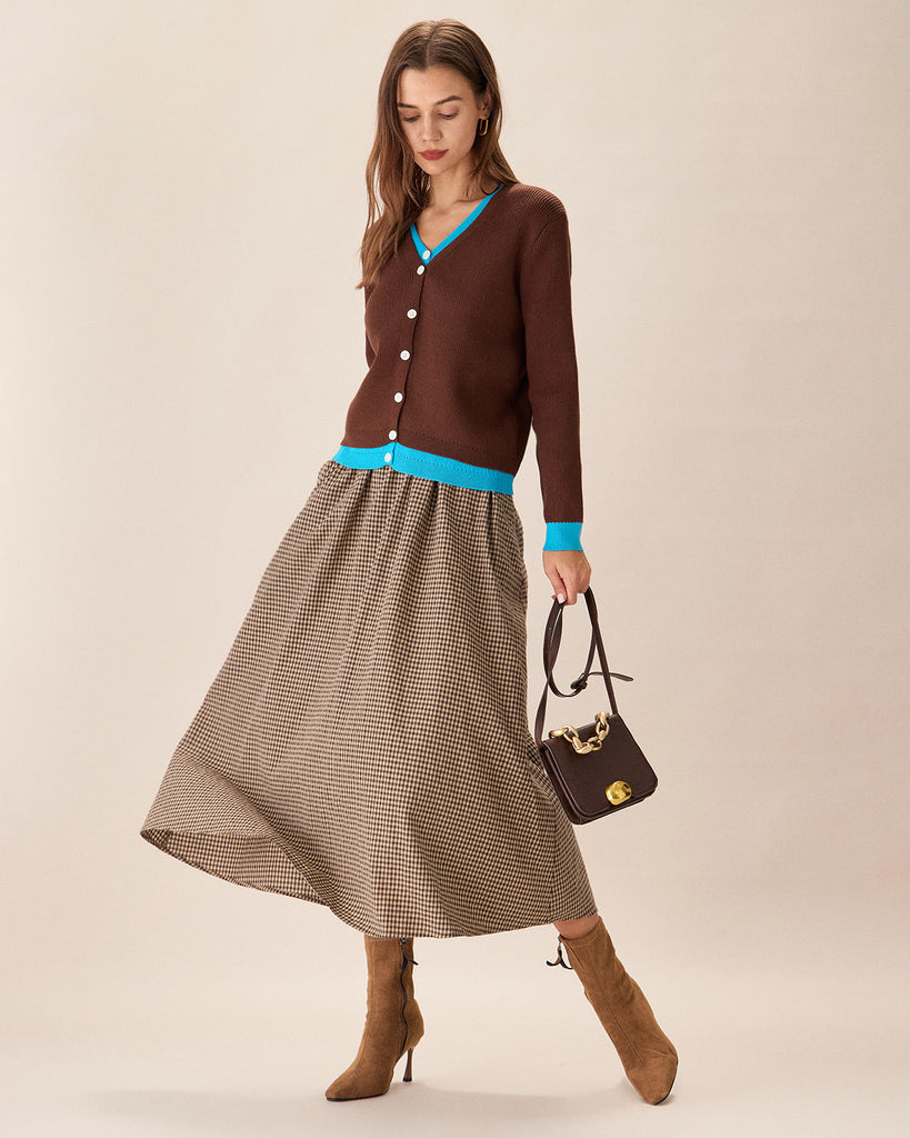 Brown Plaid High-Waisted Pocket Midi Skirt