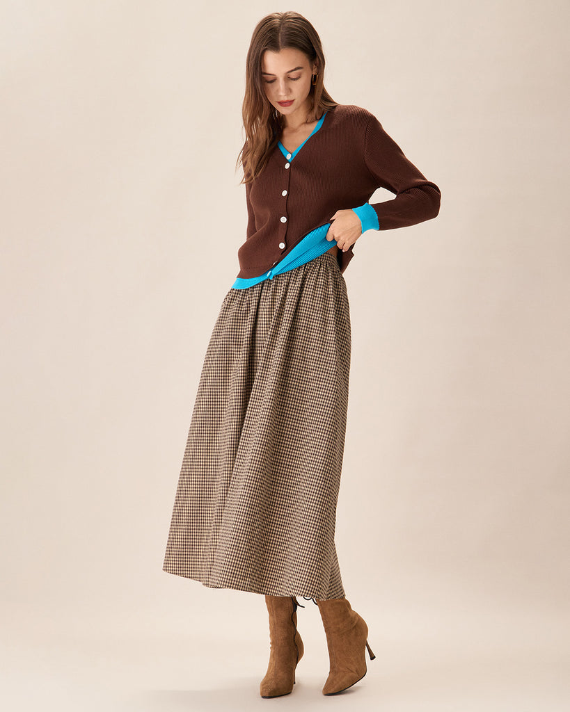 Brown Plaid High-Waisted Pocket Midi Skirt