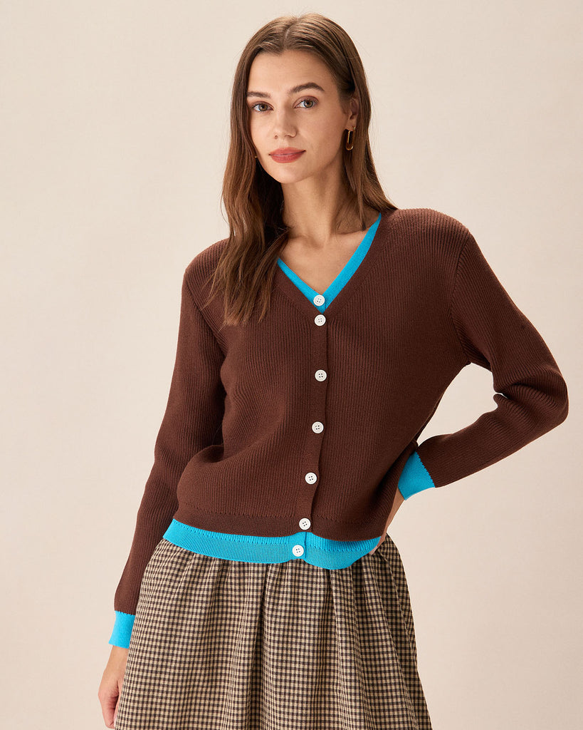 Brown Contrasting Single-Breasted Cardigan