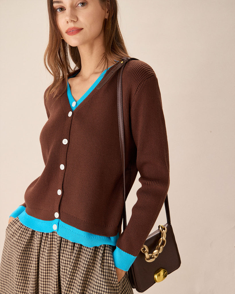 Brown Contrasting Single-Breasted Cardigan