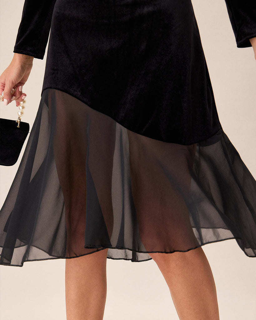 Black Contrasting Velvet Midi Dress