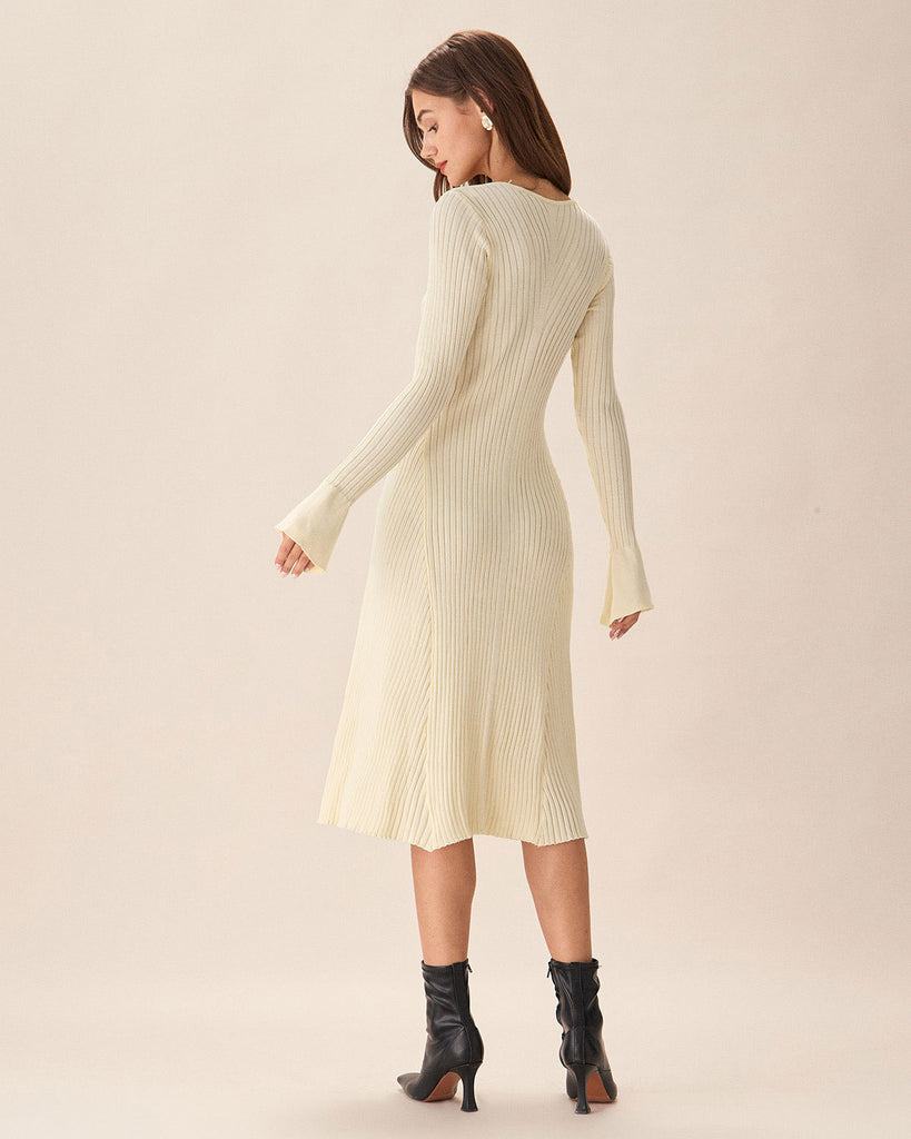 Apricot V-Neck Bell Sleeve Sweater Dress