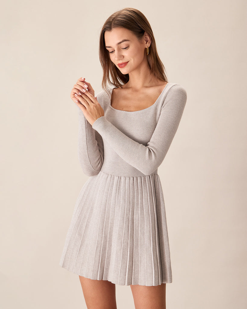 Apricot Square Neck Pleated Sweater Dress