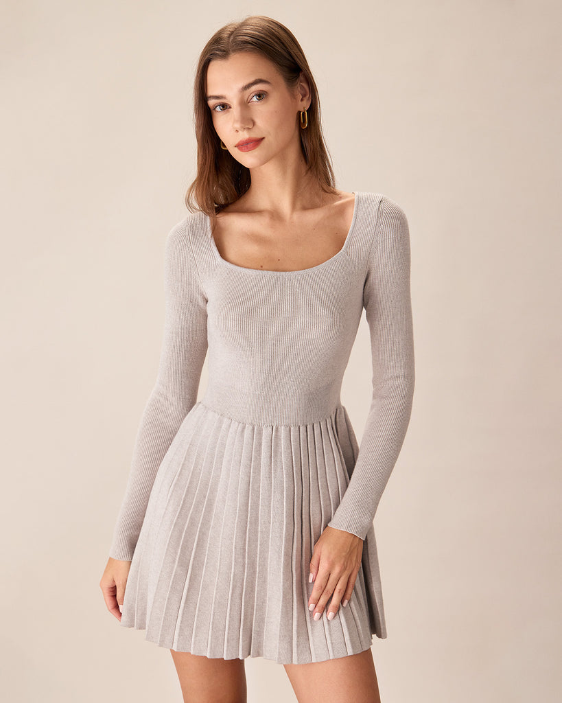 Apricot Square Neck Pleated Sweater Dress