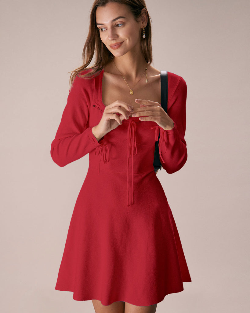 Red Square Neck Sweater Mini Dress