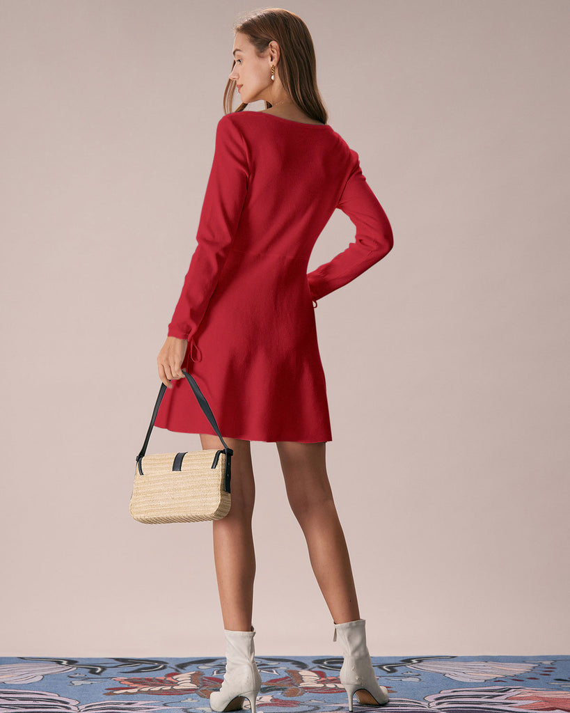 Red Square Neck Sweater Mini Dress