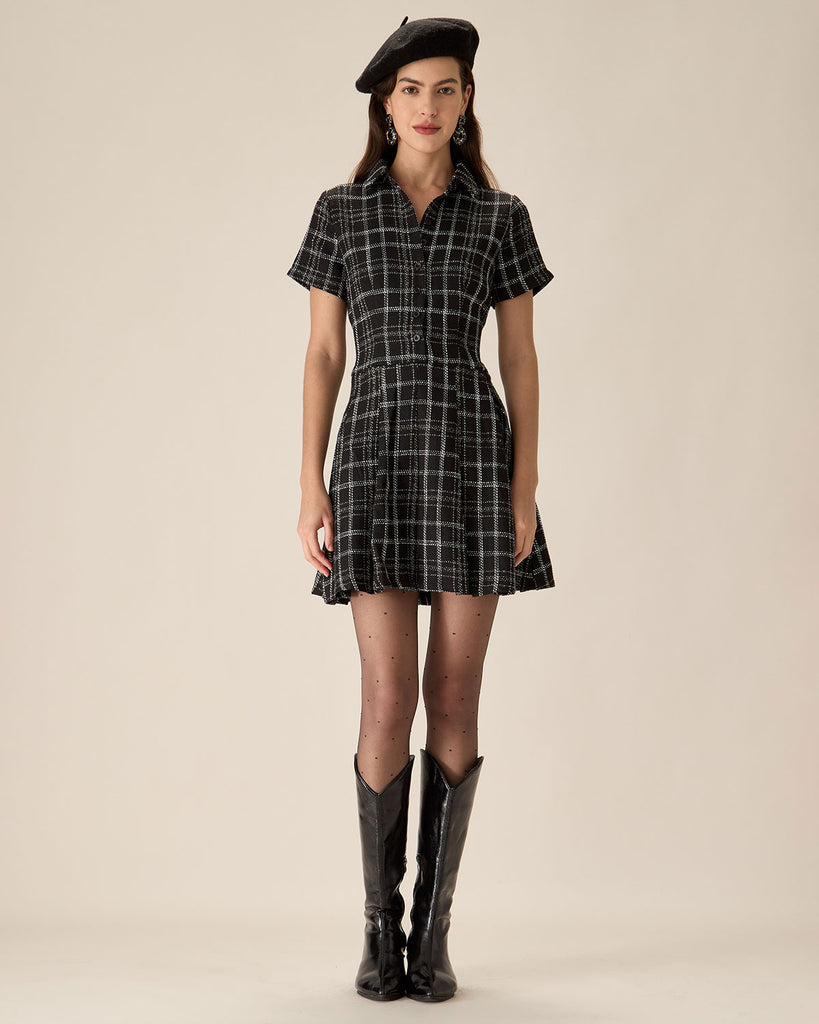 Black Plaid Tweed Mini Dress