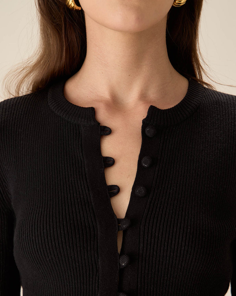 The Black Round Neck Button Up Knit Top