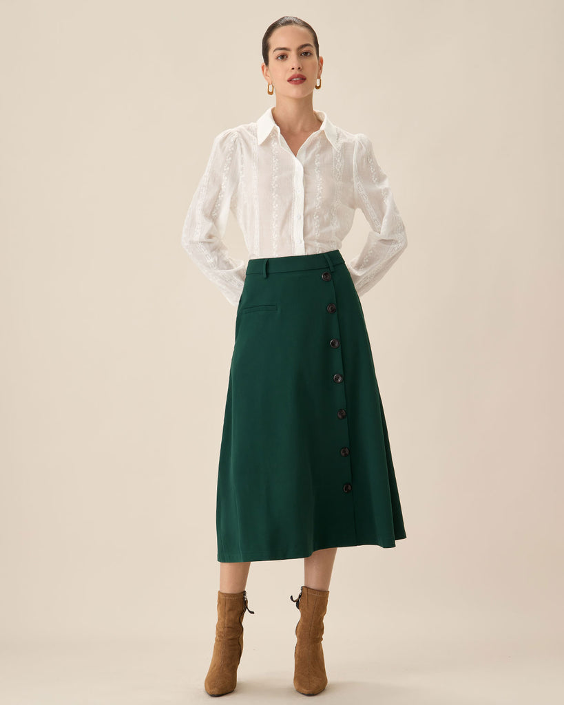 Green High-waisted Button Midi Skirt