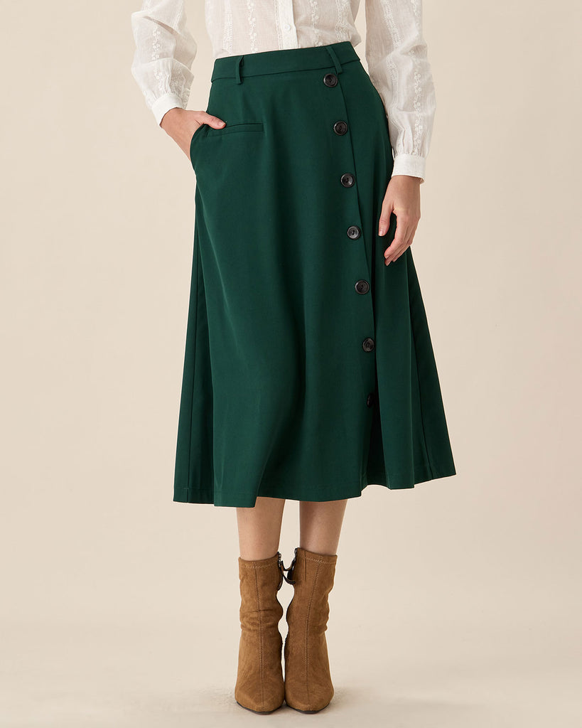 Green High-waisted Button Midi Skirt