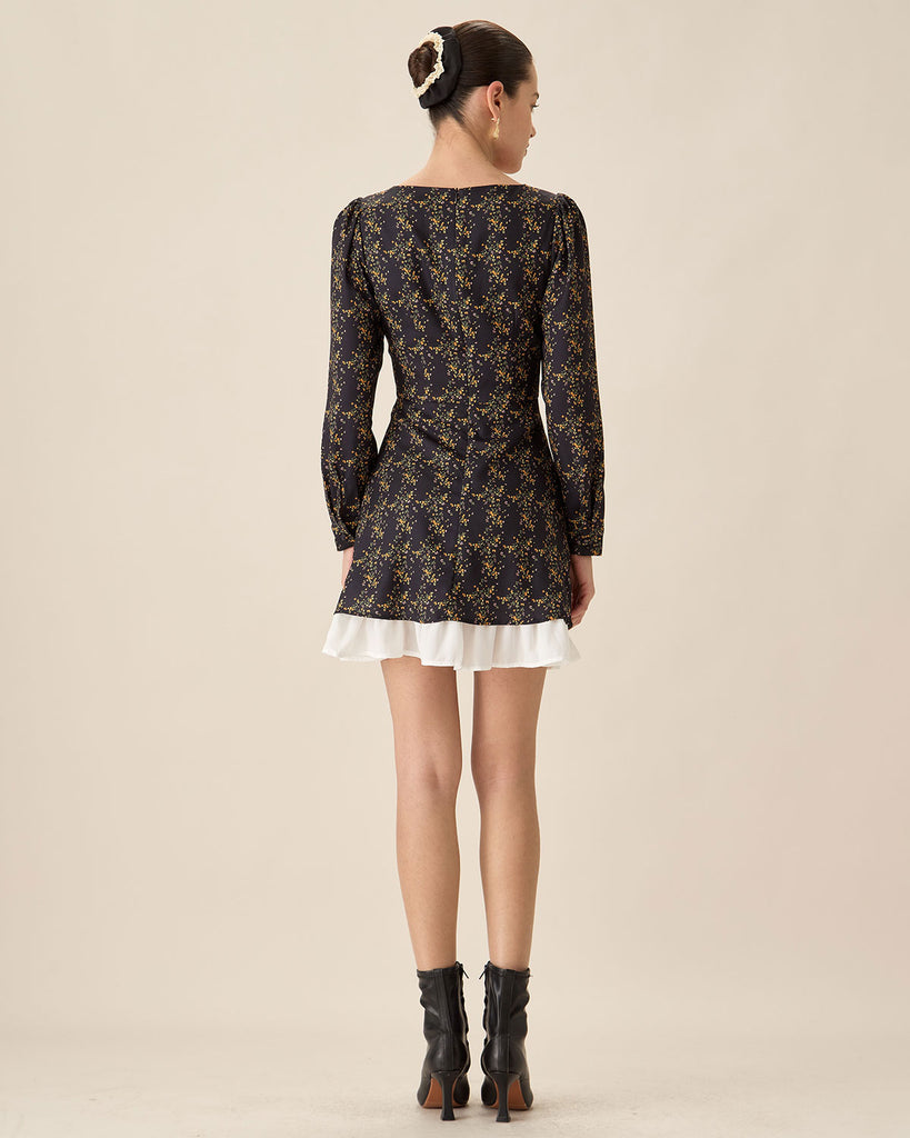 Black Contrasting Puffed Sleeve Mini Dress