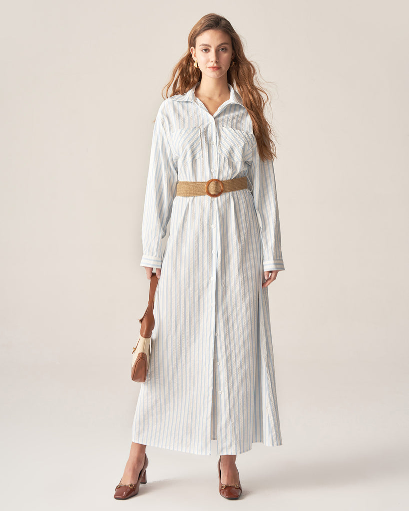 Blue Striped Belted Midi Dress