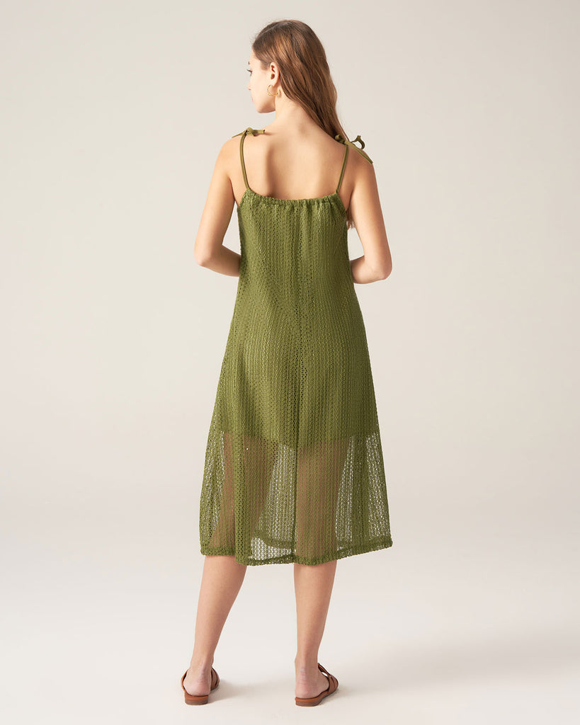 Green Crochet Tie Strap Midi Dress