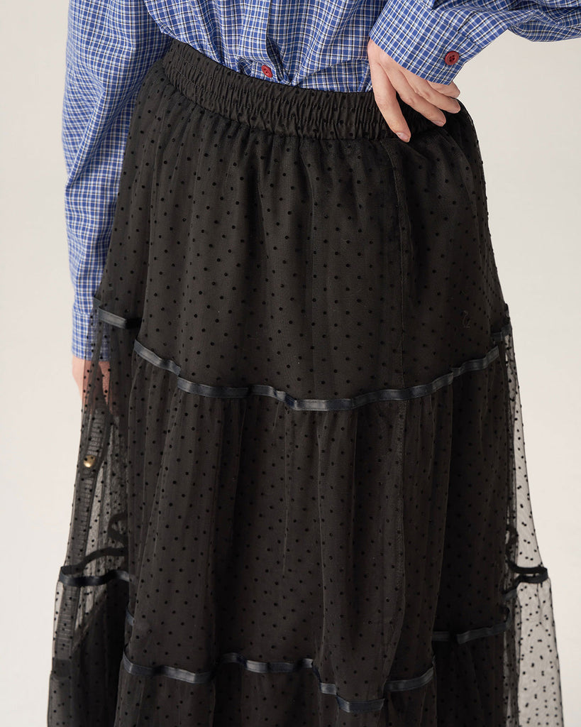 Black Mesh Tiered Midi Skirt