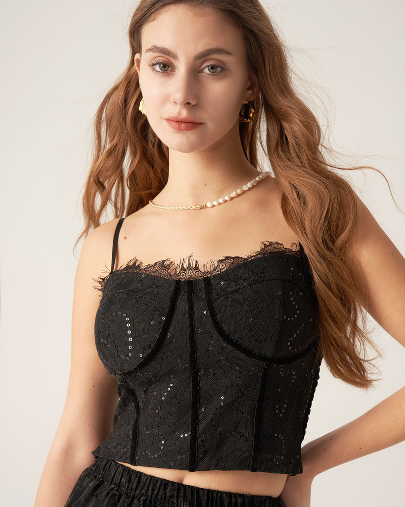 Black Lace Sequin Sweetheart Neck Camis