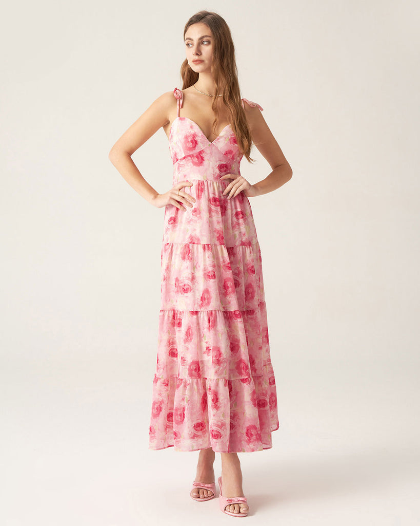 Pink Floral Tie Strap Midi Dress