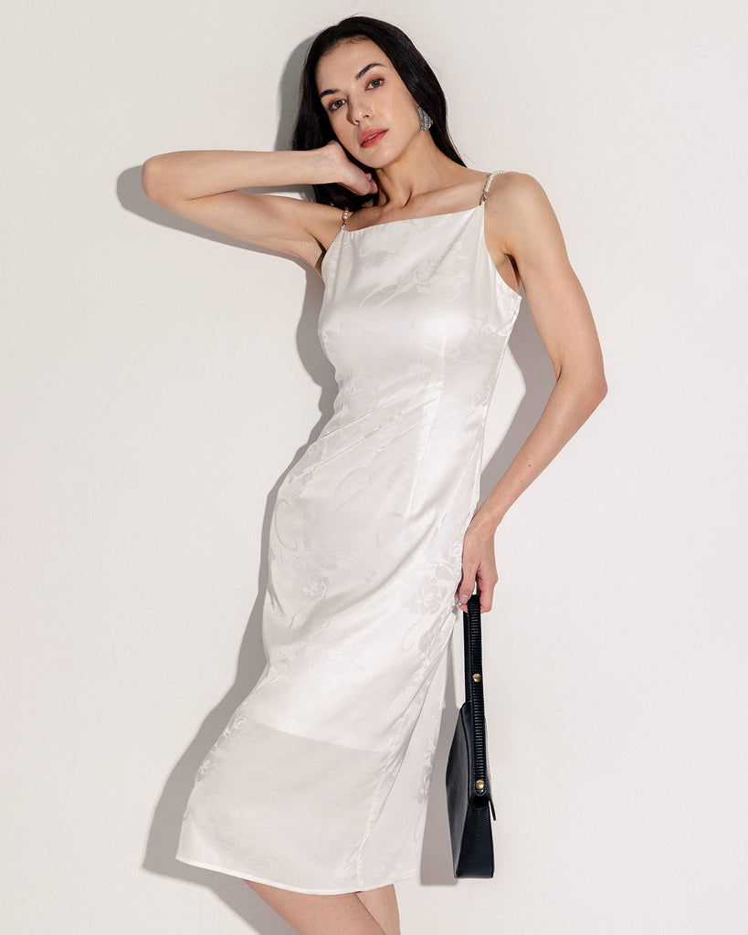 White Beaded Strap Slip Midi Dress