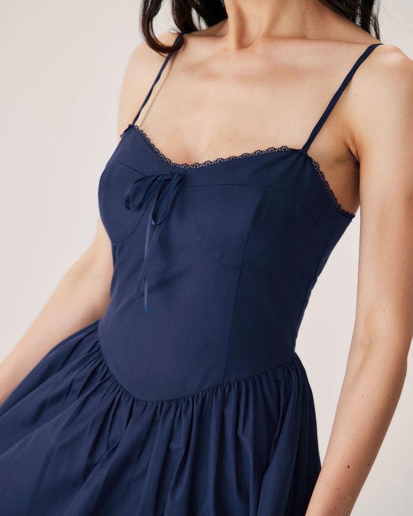 Navy Shirred Slip Midi Dress