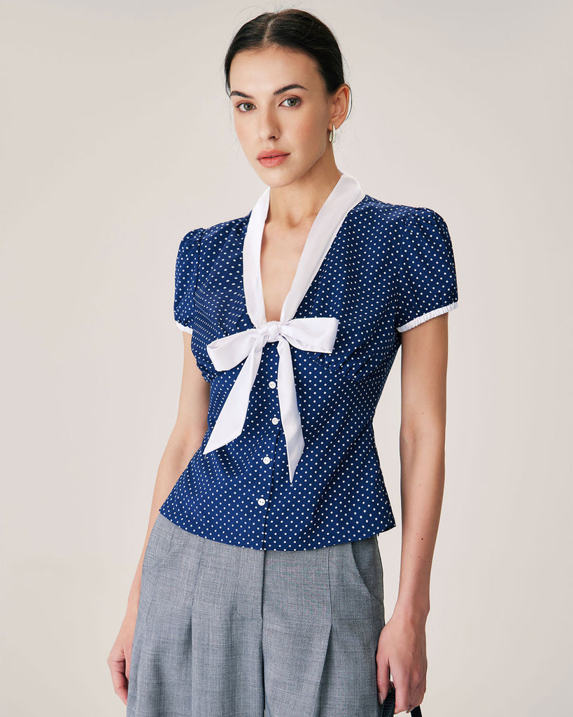 Blue Polka Dot Puffed Sleeve Blouse