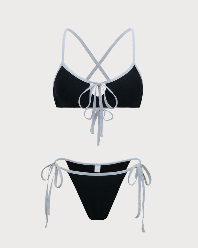 Black Contrast Tie Front Bikini Set