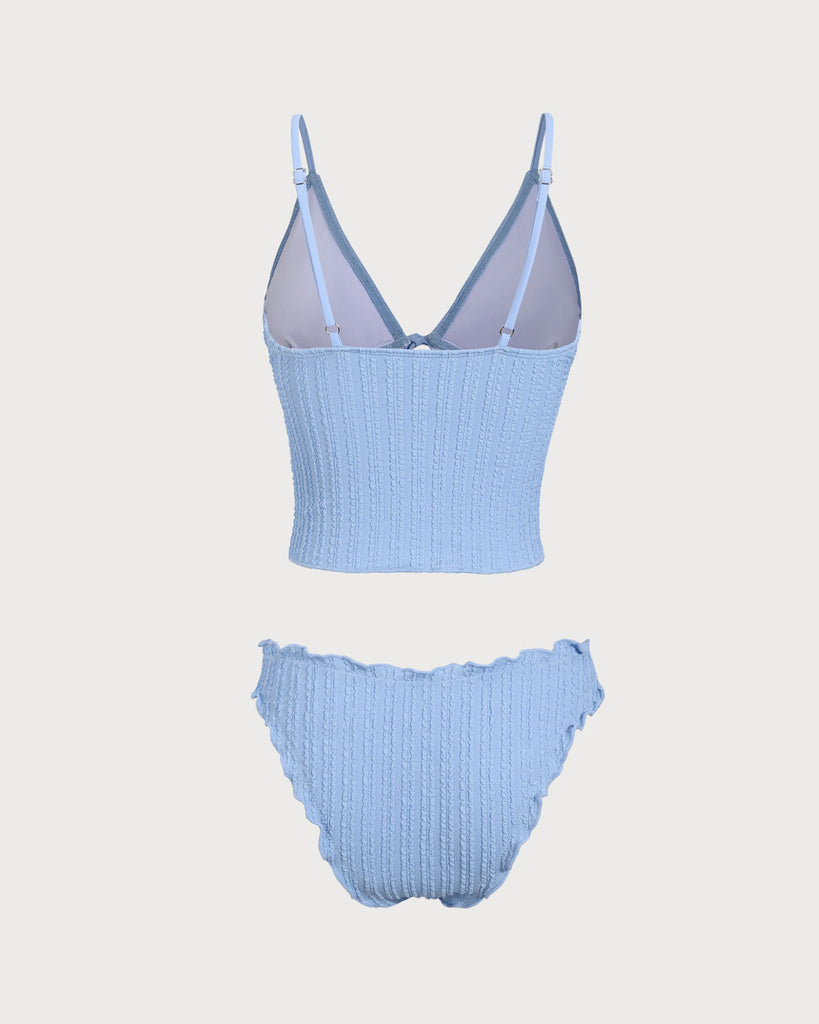 Blue Jacquard Tie-Front Tankini Swimsuit