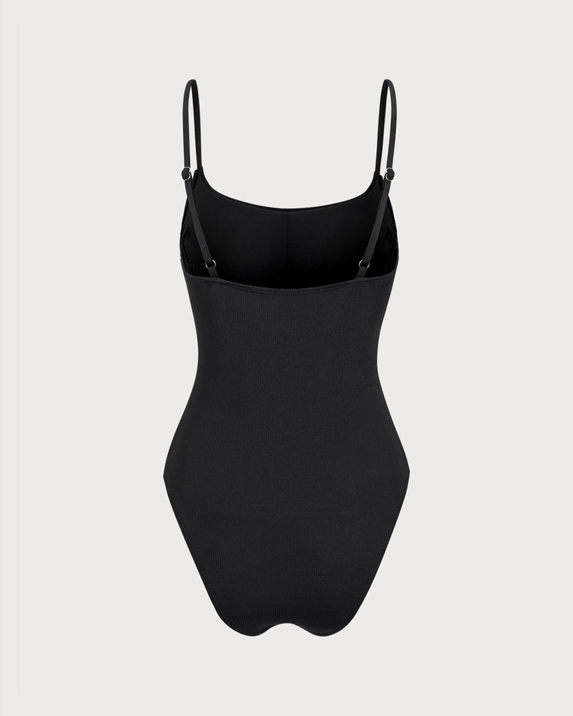 Black Contrast Ribbed One-Piece Swimsuit