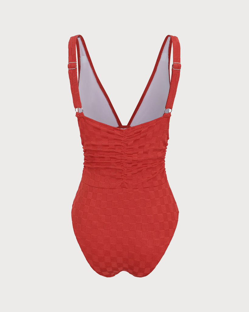 Red Plaid Ruched V-Neck One-Piece Swimsuit