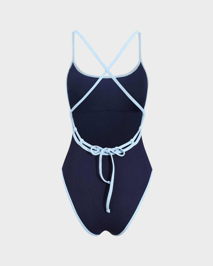 Blue Contrasting Criss-cross Tie One-Piece Swimsuit