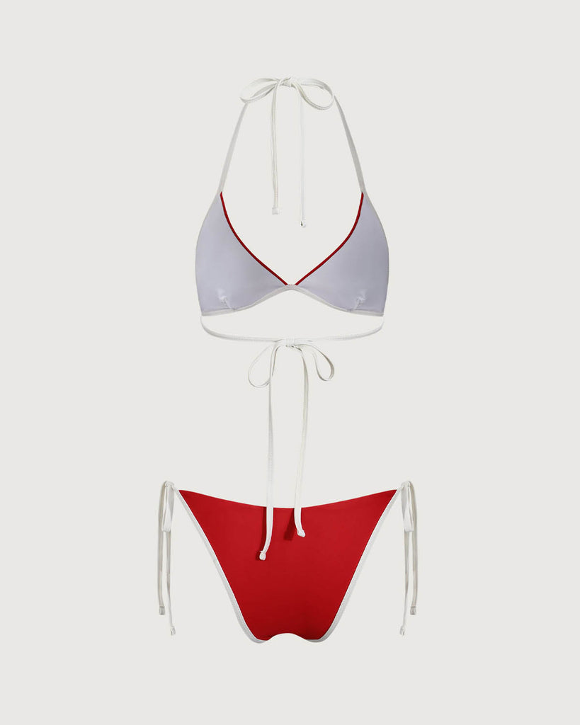 Red Contrasting Halter Triangle Bikini Set