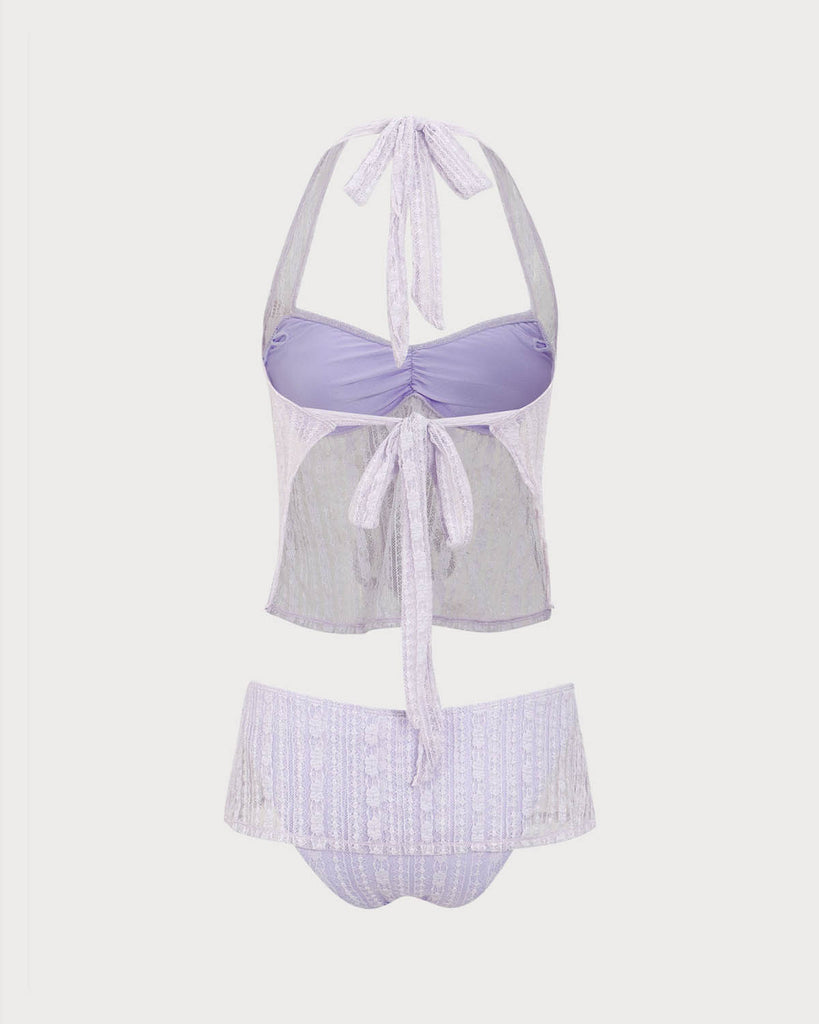 Purple Lace Halter Tankini Swimsuit