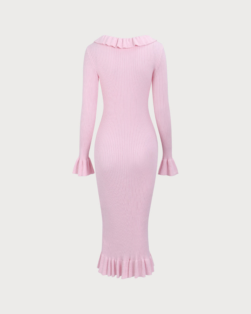 Women's Pink U-Neck Ruffle Bodycon Sweater Dress