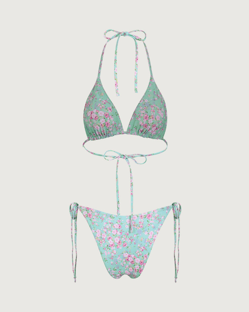 Green Floral Halter Triangle Bikini Set