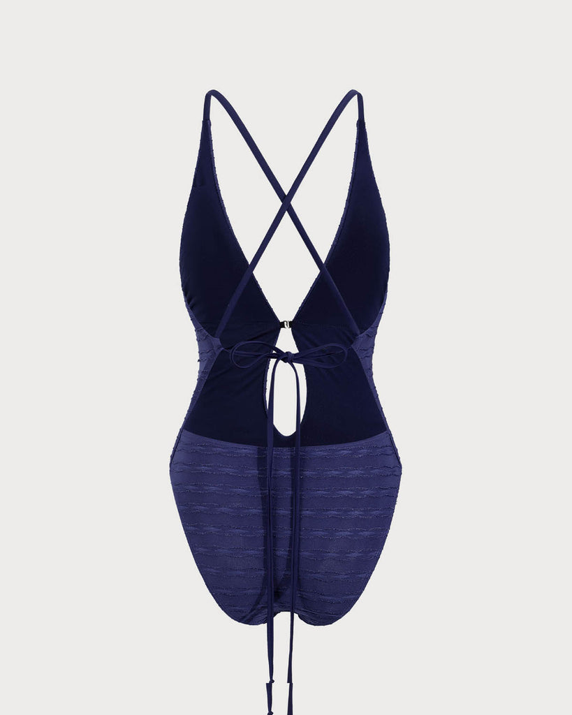 Blue Textured Tie Front One-Piece Swimsuit