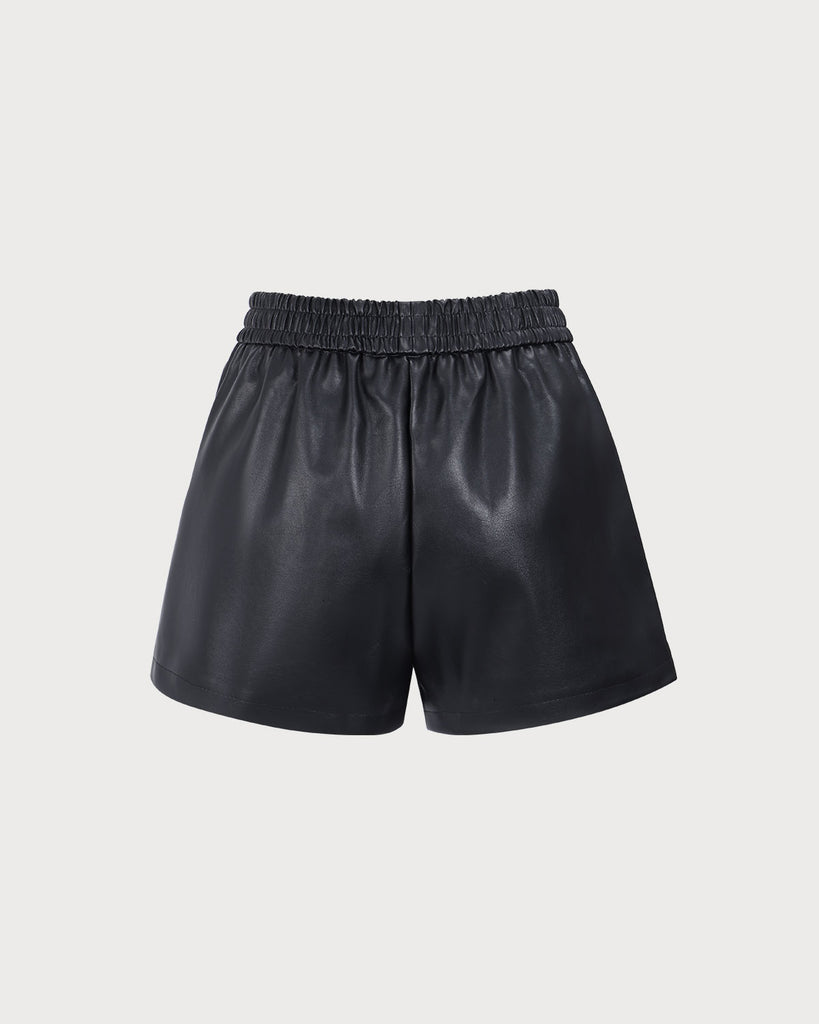 Women's Black Elastic Waisted PU Shorts