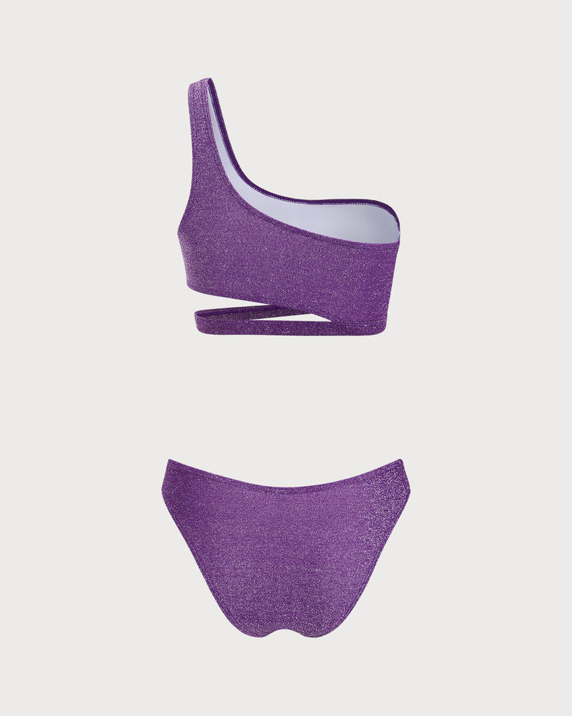 Purple Lurex One Shoulder Bikini Set