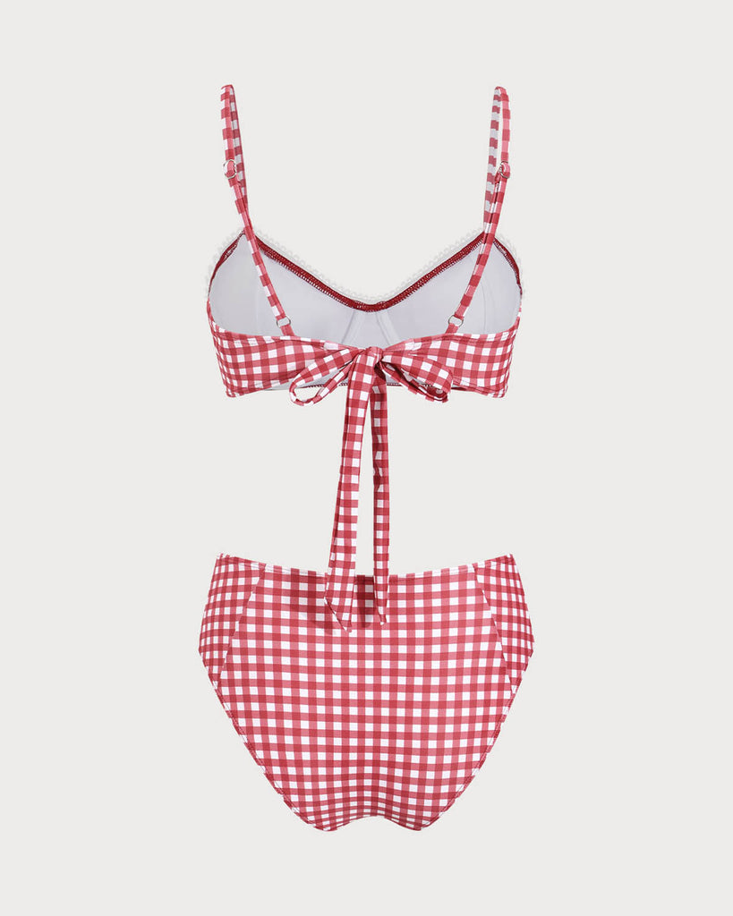 Red Plaid Tie-back Bikini Set