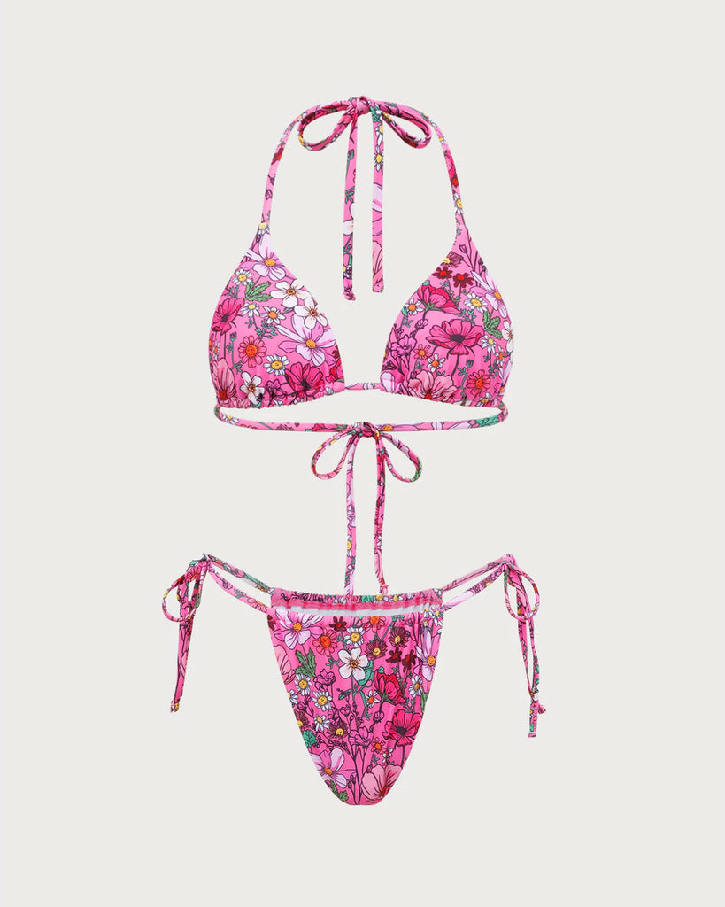 Pink Floral Drawstring Halter Bikini Set