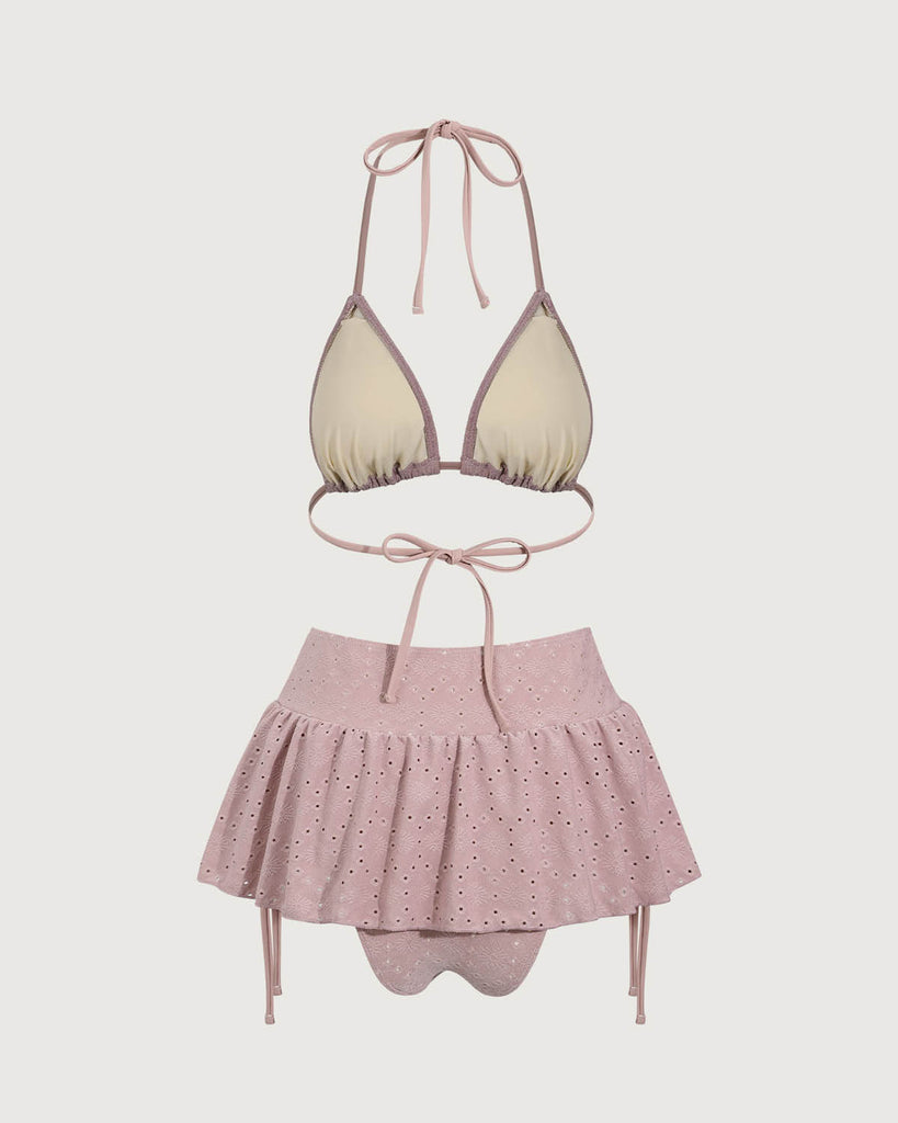 Pink Ruffle Drawstring Bikini Three Piece Suit