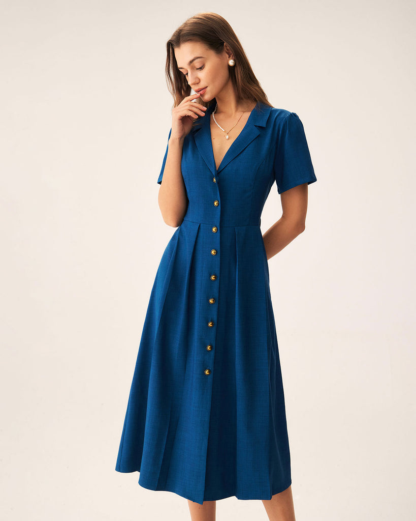 Blue V Neck Pleated Button Midi Dress