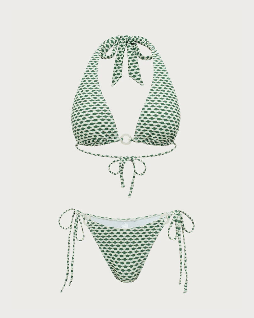 Green Wave Print Hoop Bikini Set