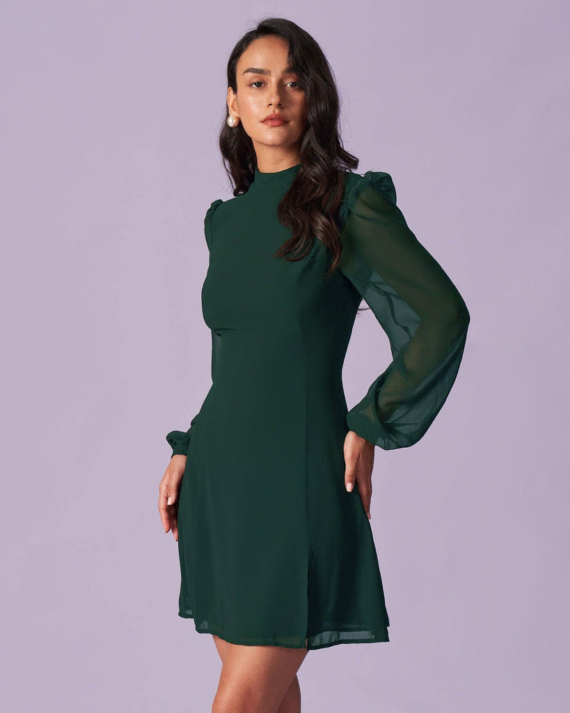 The Green Stand Collar Sheer Slit Mini Dress