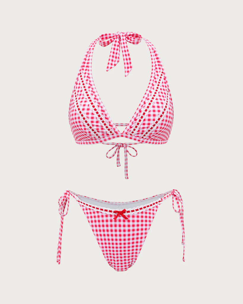 Red Plaid Drawstring Bikini Set