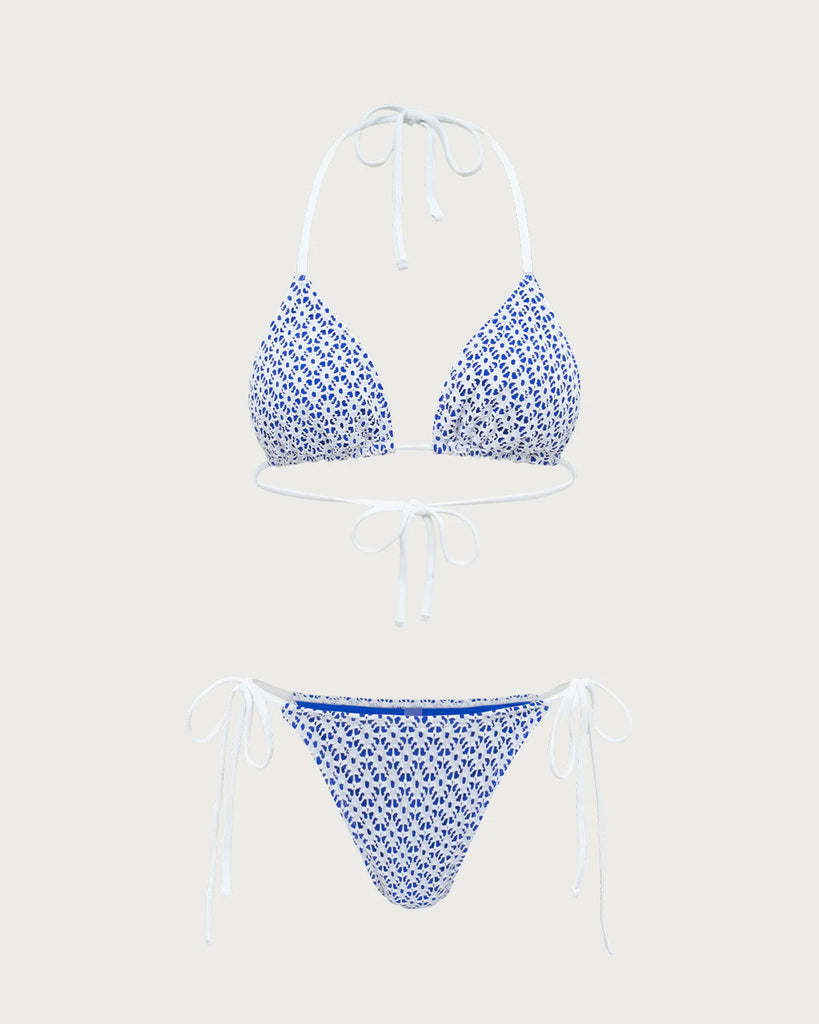 Blue Geometric Triangle Drawstring Bikini Set