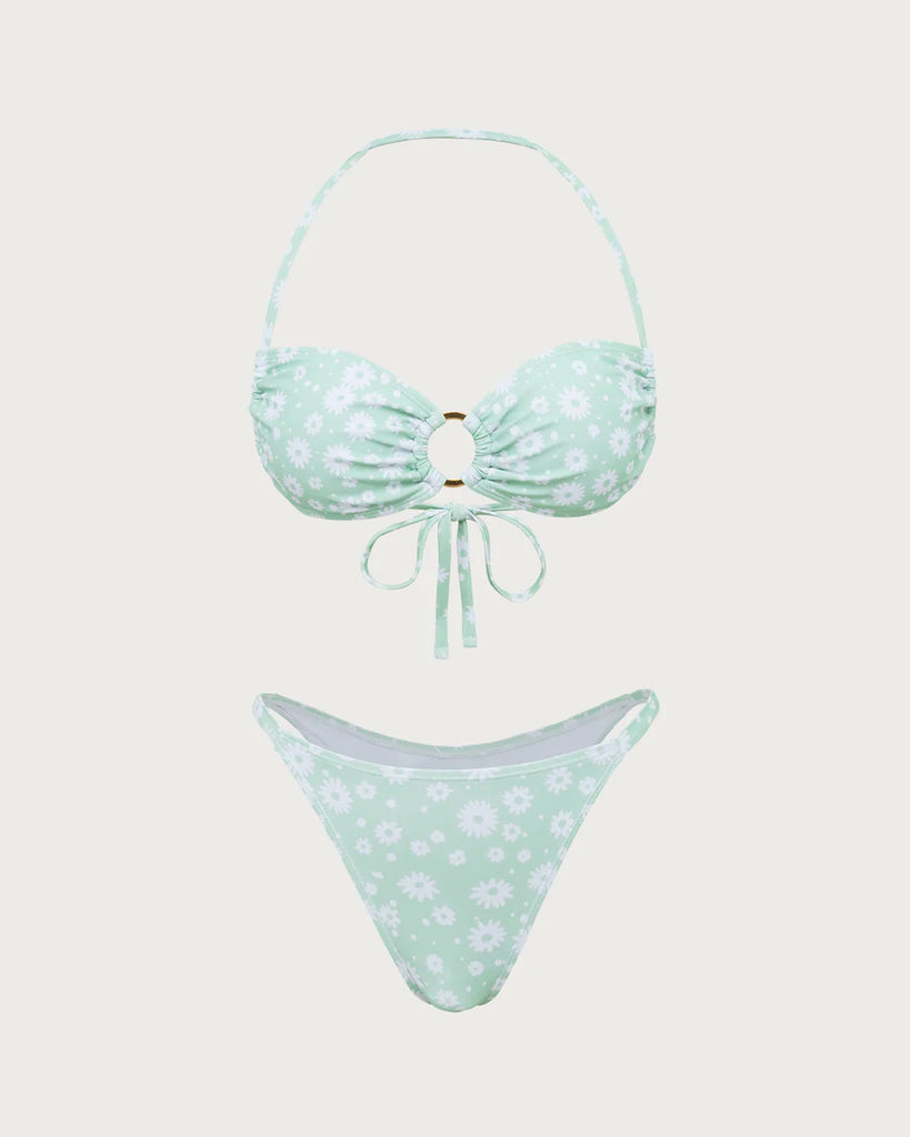 Green Floral O-Ring Halter Bikini Set