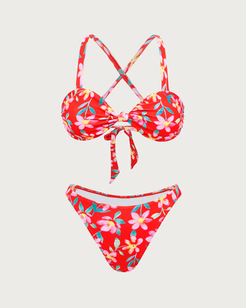 Red Floral Criss-Cross Bikini Set