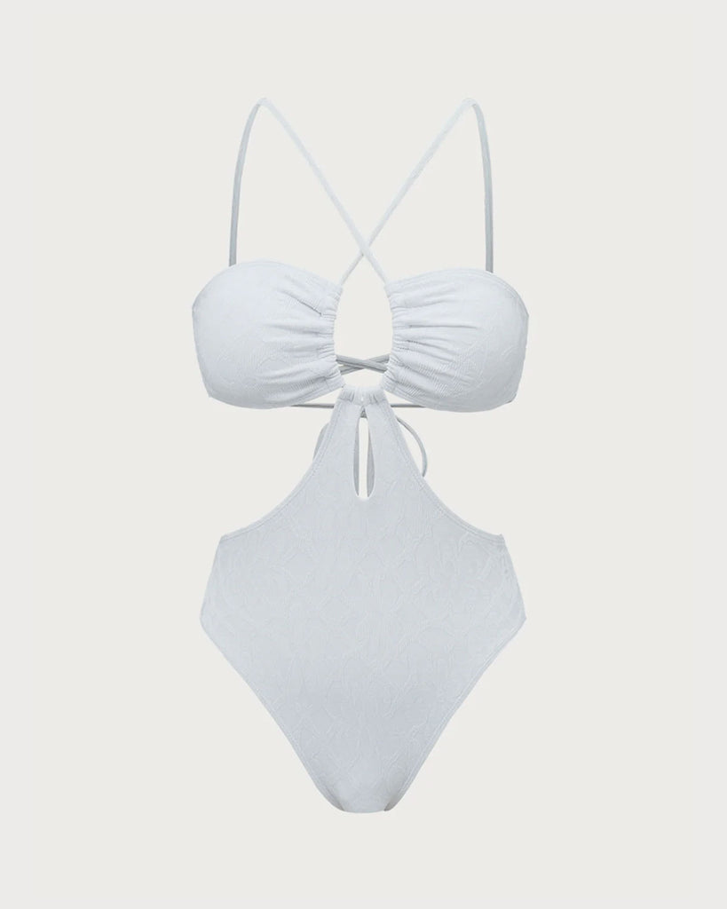 White Textured Halter One-Piece Swimsuit