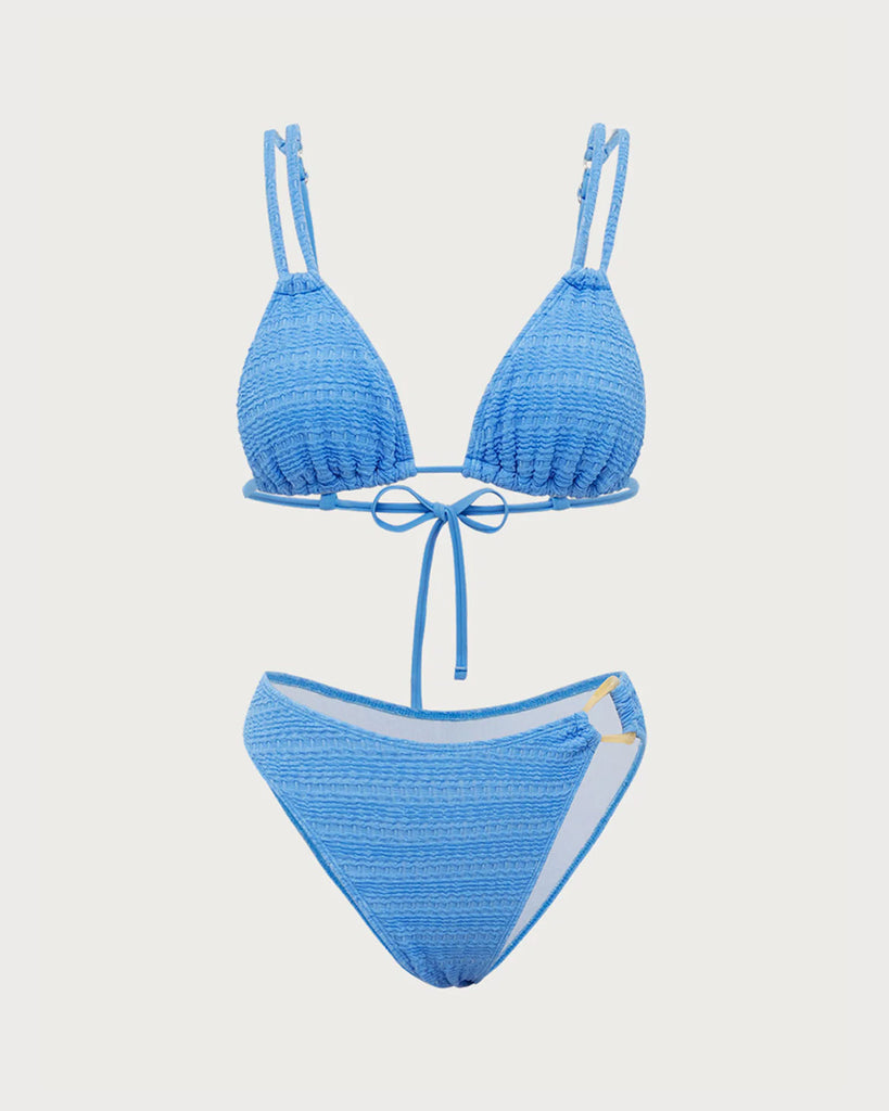 Blue Textured Double Strap Bikini Set