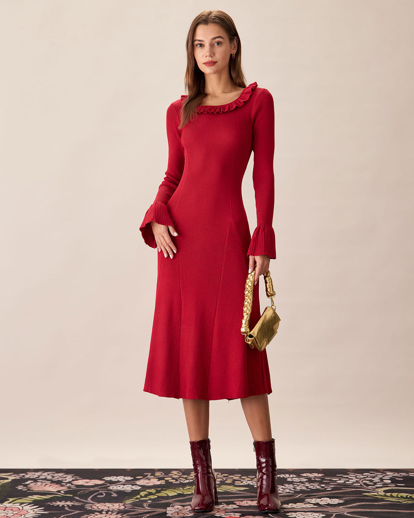 Red Round Neck Ruffle Sweater Dress